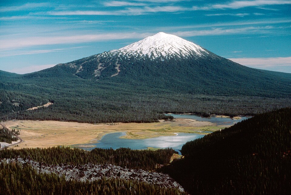 Snow-capped Mount Bachelor above forest and lakes, Oregon
